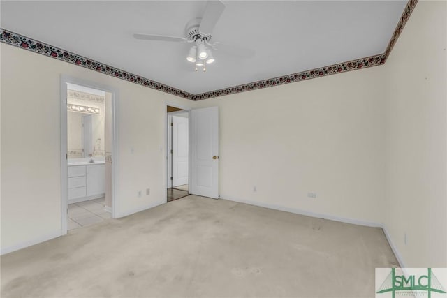 105 Crooked Wood Ln, Savannah, GA 31406 - unfurnished bedroom with light carpet, baseboards, ensuite bath, and ceiling fan
