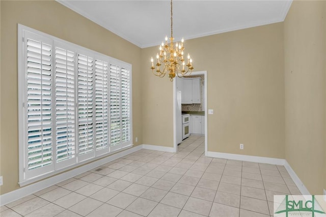 105 Crooked Wood Ln, Savannah, GA 31406 - unfurnished dining area with a chandelier, crown molding, baseboards, and light tile patterned floors