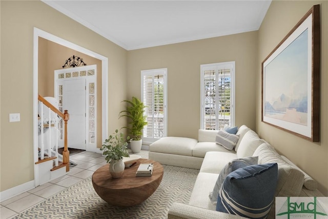 105 Crooked Wood Ln, Savannah, GA 31406 - living room with stairs, light tile patterned flooring, and baseboards