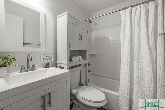 108 Gilliam Ave, Savannah, GA 31406 - full bathroom featuring shower / bath combo, vanity, ornamental molding, toilet, and a textured ceiling