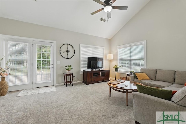17 Olde Gate Ct, Pooler, GA 31322 - living area with a ceiling fan, high vaulted ceiling, light carpet, and baseboards