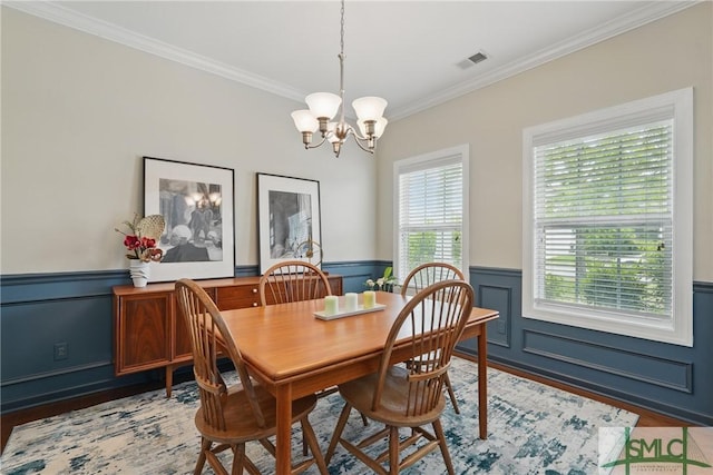 17 Olde Gate Ct, Pooler, GA 31322 - dining room with crown molding, wainscoting, a chandelier, and wood finished floors