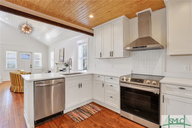 kitchen with appliances with stainless steel finishes, wall chimney range hood, a sink, wooden ceiling, and wood-type flooring