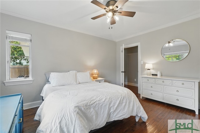 bedroom with ornamental molding, dark wood-style floors, baseboards, and ceiling fan