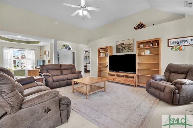 113 Taylor Ct, Richmond Hill, GA 31324 - living room with ceiling fan, ornate columns, and carpet