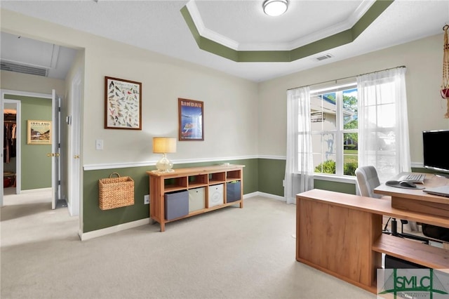 113 Taylor Ct, Richmond Hill, GA 31324 - carpeted home office with a raised ceiling, crown molding, and baseboards