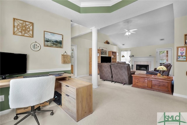 113 Taylor Ct, Richmond Hill, GA 31324 - carpeted office space featuring ornate columns, a tile fireplace, ornamental molding, a ceiling fan, and vaulted ceiling