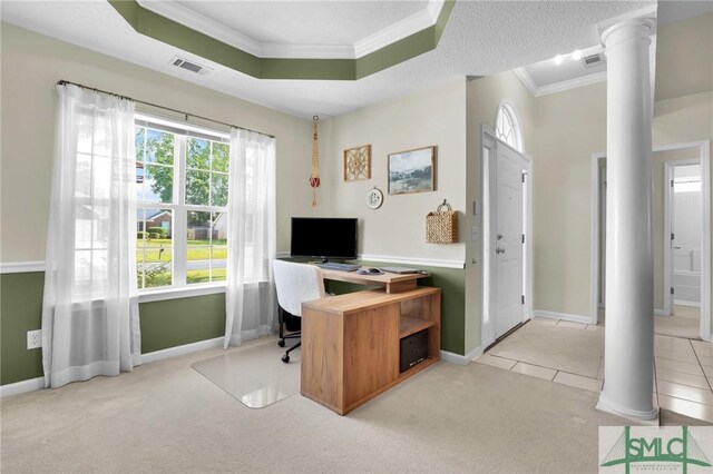113 Taylor Ct, Richmond Hill, GA 31324 - office area with decorative columns, crown molding, light carpet, baseboards, and light tile patterned flooring