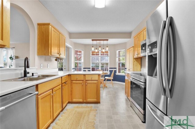 113 Taylor Ct, Richmond Hill, GA 31324 - kitchen with stainless steel appliances, a sink, a peninsula, light countertops, and decorative light fixtures