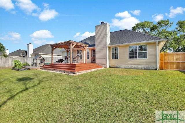 113 Taylor Ct, Richmond Hill, GA 31324 - rear view of house with a pergola, a wooden deck, roof with shingles, and a chimney