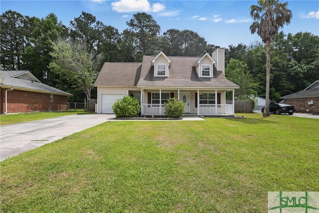 57 Cut Off Way, Richmond Hill, GA 31324 - cape cod-style house with covered porch, concrete driveway, a chimney, a garage, and view of wooded area