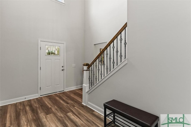 110 Richmond Pass Cir, Midway, GA 31320 - foyer entrance with stairs, wood finished floors, a high ceiling, baseboards, and healthy amount of natural light