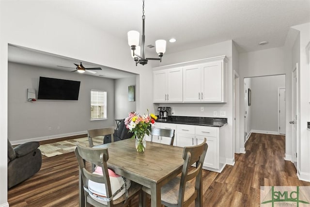 110 Richmond Pass Cir, Midway, GA 31320 - dining space featuring dark wood finished floors, a chandelier, ceiling fan, baseboards, and recessed lighting