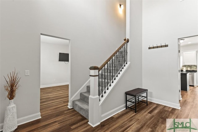 110 Richmond Pass Cir, Midway, GA 31320 - stairway featuring wood finished floors, a towering ceiling, and baseboards