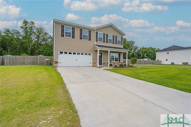 128 Greenbriar Dr, Guyton, GA 31312 - view of front facade with covered porch, driveway, an attached garage, stone siding, and central air condition unit
