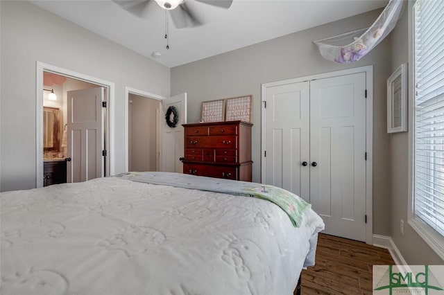 201 Cumberland Pt, Statesboro, GA 30458 - bedroom with wood finished floors, a closet, baseboards, a ceiling fan, and ensuite bath