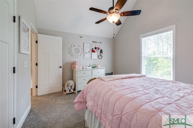 201 Cumberland Pt, Statesboro, GA 30458 - bedroom with vaulted ceiling, carpet, and a ceiling fan