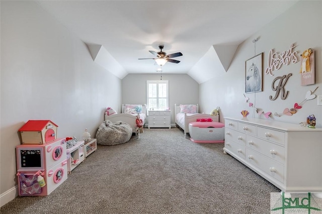 201 Cumberland Pt, Statesboro, GA 30458 - carpeted bedroom with vaulted ceiling and ceiling fan