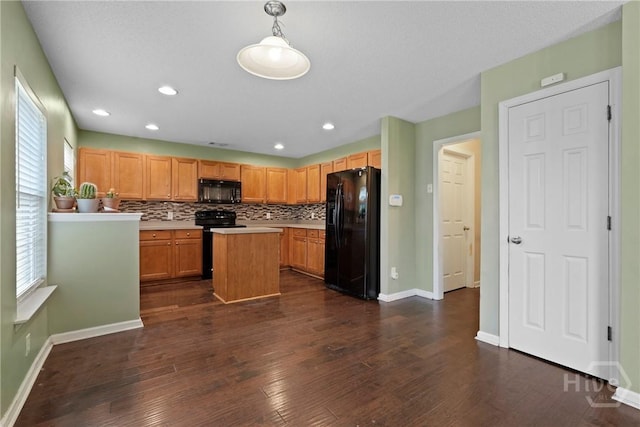 kitchen featuring black appliances, light countertops, baseboards, decorative backsplash, and dark wood-style floors