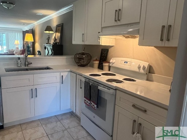 3005 River Dr Unit 401D, Savannah, GA 31404 - kitchen featuring electric range, under cabinet range hood, light countertops, ornamental molding, and a sink