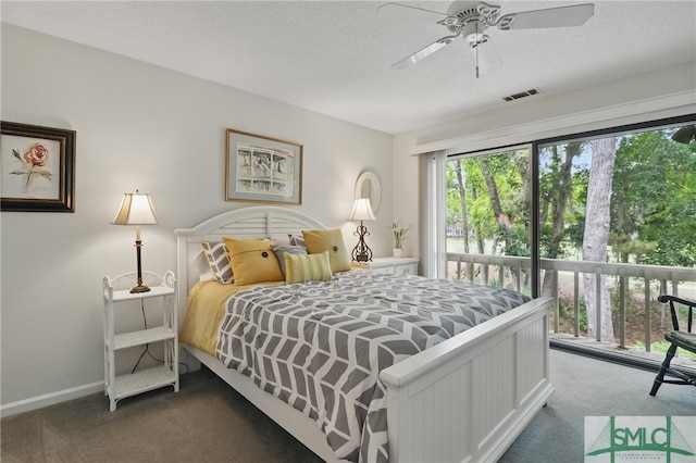 carpeted bedroom with a textured ceiling, access to outside, baseboards, and ceiling fan