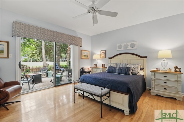 bedroom with access to exterior, light wood finished floors, and a ceiling fan