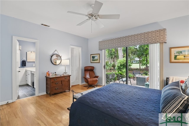 bedroom with access to outside, light wood-style flooring, ensuite bath, ceiling fan, and baseboards