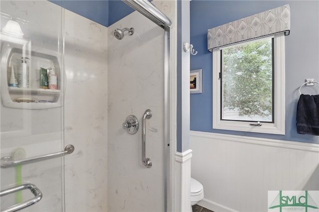 bathroom featuring a shower stall, toilet, and a wainscoted wall