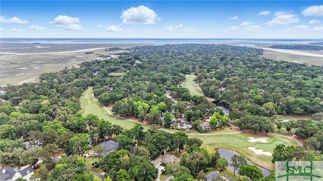 bird's eye view of a local golf course and a large body of water