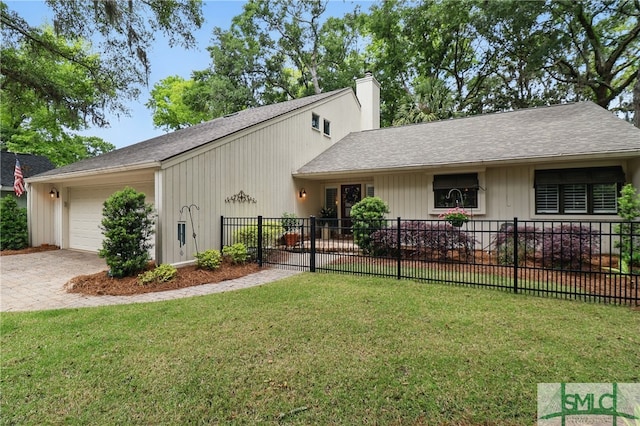 mid-century home with an attached garage, driveway, a chimney, and roof with shingles