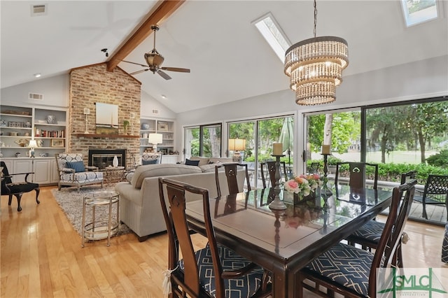dining space with high vaulted ceiling, light wood-style floors, beamed ceiling, a chandelier, and ceiling fan
