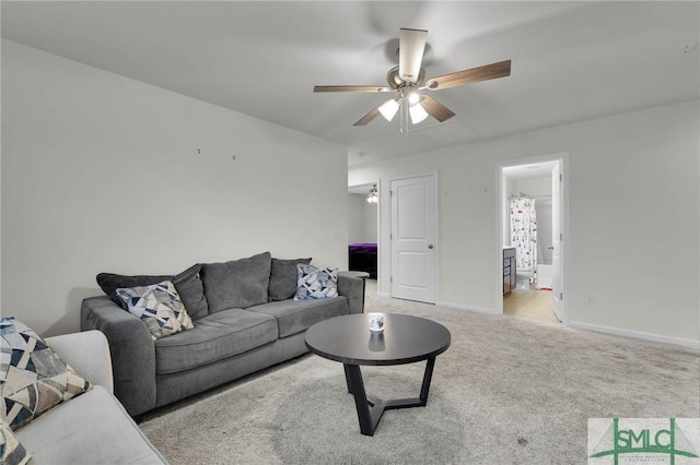 64 Southern Way, Richmond Hill, GA 31324 - living area with a ceiling fan, baseboards, and light colored carpet