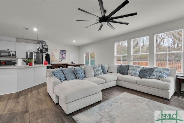 64 Southern Way, Richmond Hill, GA 31324 - living area with ceiling fan, recessed lighting, and dark wood-type flooring