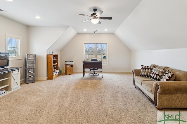 4 Honeysuckle Dr, Claxton, GA 30417 - home office with ceiling fan, light carpet, lofted ceiling, and recessed lighting