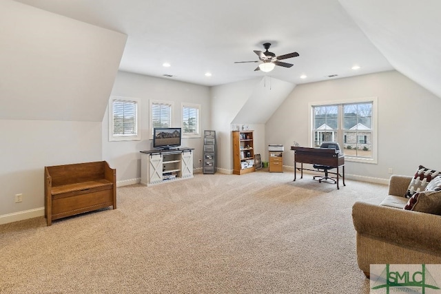 4 Honeysuckle Dr, Claxton, GA 30417 - home office with lofted ceiling, light colored carpet, ceiling fan, plenty of natural light, and recessed lighting