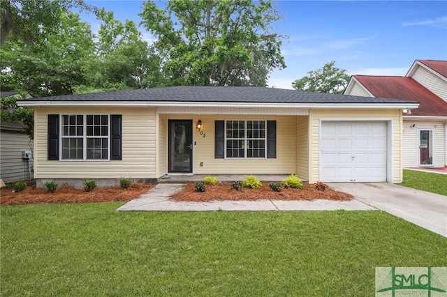 view of front facade with driveway, an attached garage, a front yard, and covered porch