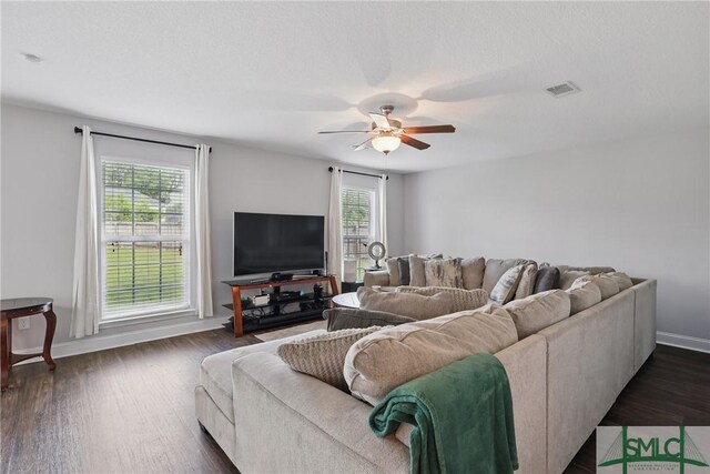 309 Nashview Trl, Allenhurst, GA 31301 - living room with plenty of natural light, dark wood finished floors, a ceiling fan, and baseboards