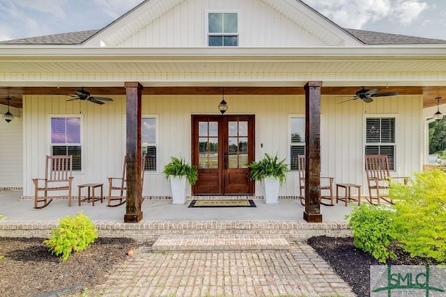 1840 Mccall Rd, Rincon, GA 31326 - property entrance with ceiling fan, french doors, roof with shingles, and covered porch