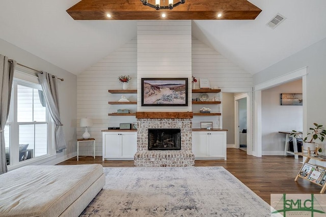 1840 Mccall Rd, Rincon, GA 31326 - bedroom with wood finished floors, wood walls, a brick fireplace, baseboards, and high vaulted ceiling