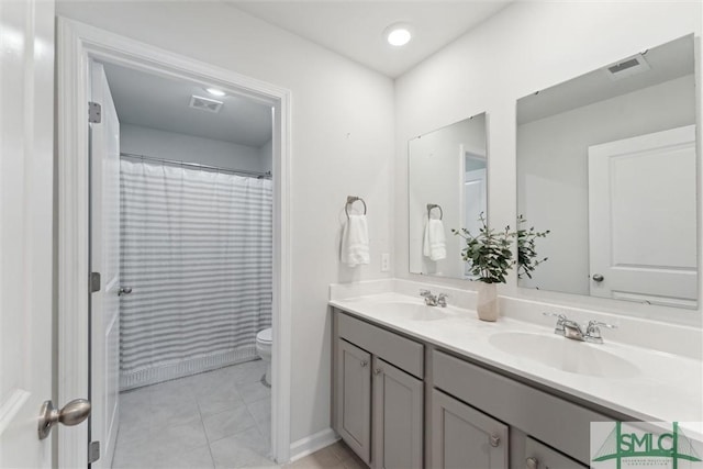 238 Sage Field Dr, Rincon, GA 31326 - bathroom with tile patterned flooring, double vanity, toilet, and curtained shower