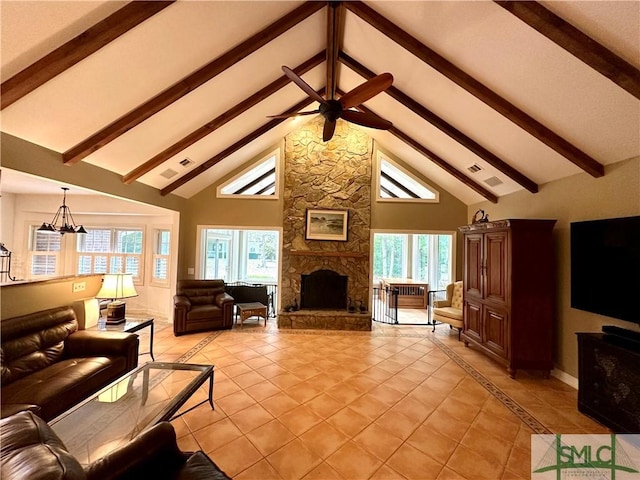 living area with a chandelier, beam ceiling, ceiling fan, high vaulted ceiling, and light tile patterned floors