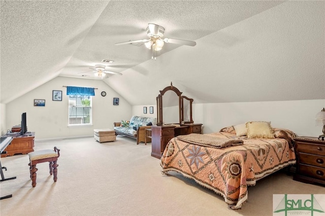330 Central Ave, Guyton, GA 31312 - carpeted bedroom featuring a textured ceiling, lofted ceiling, and ceiling fan