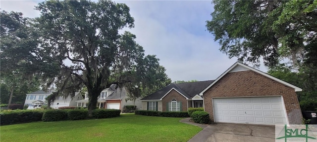 131 Farringdon Cir, Savannah, GA 31410 - view of front of property with brick siding, a front lawn, concrete driveway, and an attached garage