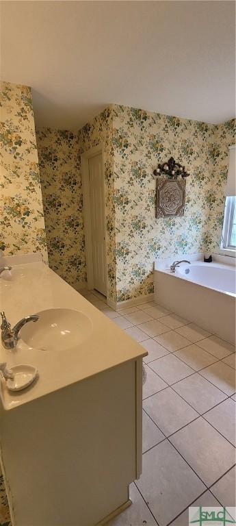131 Farringdon Cir, Savannah, GA 31410 - full bath featuring wallpapered walls, tile patterned flooring, a bath, and vanity