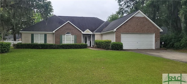 131 Farringdon Cir, Savannah, GA 31410 - ranch-style house with concrete driveway, an attached garage, brick siding, and a front yard