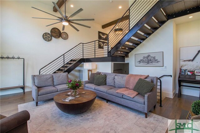 456 Port St, Savannah, GA 31401 - living room featuring stairs, wood finished floors, high vaulted ceiling, ceiling fan, and recessed lighting