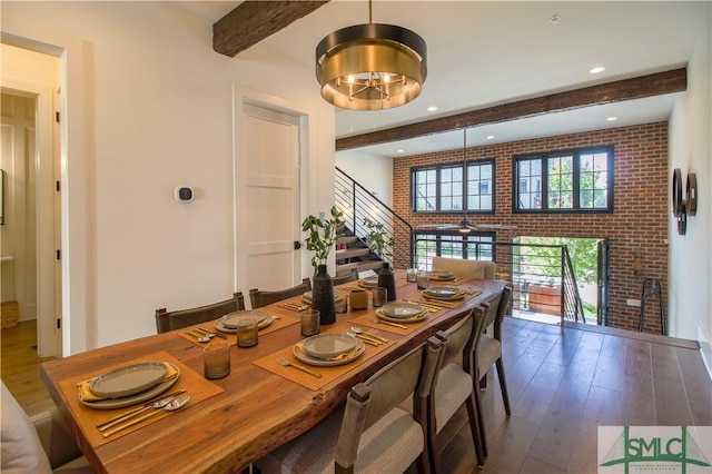 456 Port St, Savannah, GA 31401 - dining space featuring beamed ceiling, hardwood / wood-style floors, recessed lighting, stairs, and brick wall