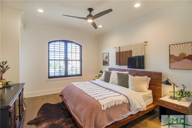 456 Port St, Savannah, GA 31401 - bedroom with baseboards, recessed lighting, wood finished floors, and a ceiling fan