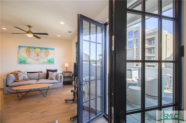 456 Port St, Savannah, GA 31401 - doorway featuring wood finished floors, french doors, a ceiling fan, and recessed lighting
