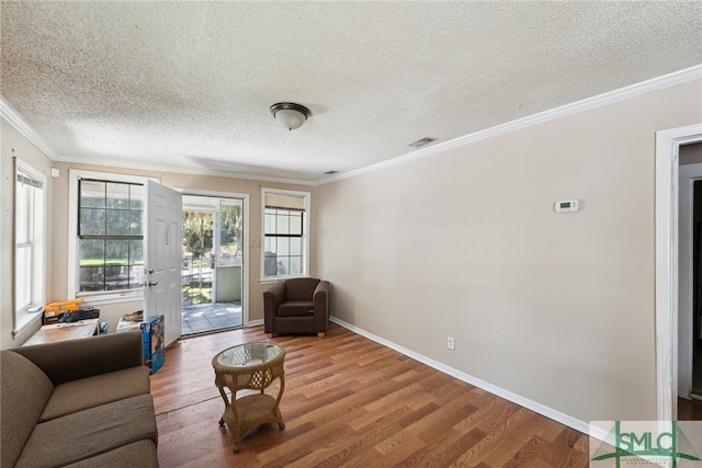 3808 Elmdale Ave, Savannah, GA 31405 - living room with wood finished floors, a textured ceiling, ornamental molding, and baseboards